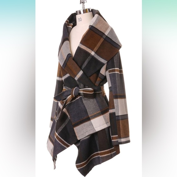 Women's Coat Turn Down‎ Shawl Collar Earth Check Asymmetric Hemline Wool Blend M - Picture 2 of 7